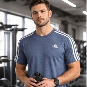 Adidas Climalite 3-Stripe Performance T-Shirt Mens Large Steel Blue Athletic Tee